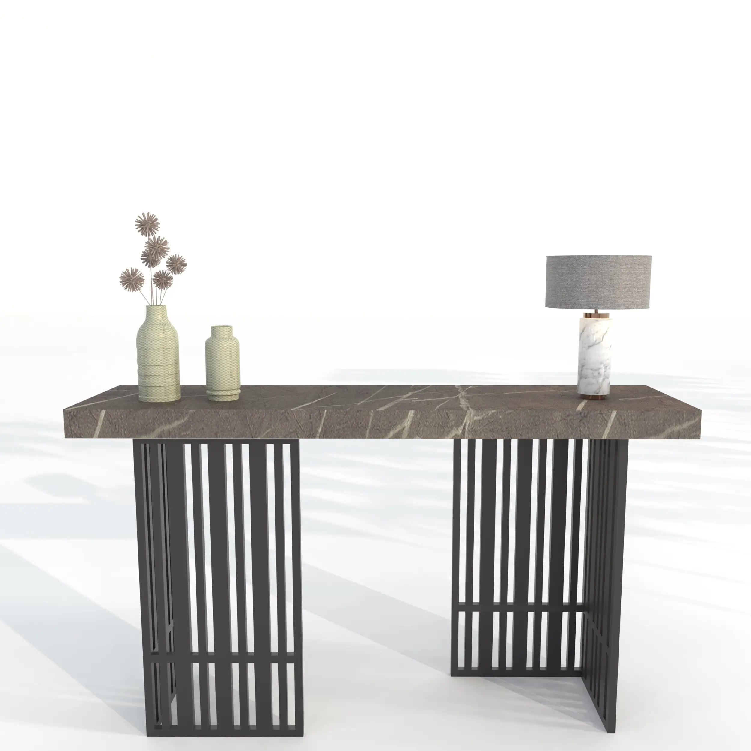 كونسول بتصميم عصري بسطح خشبي بتأثير الرخام الرمادي