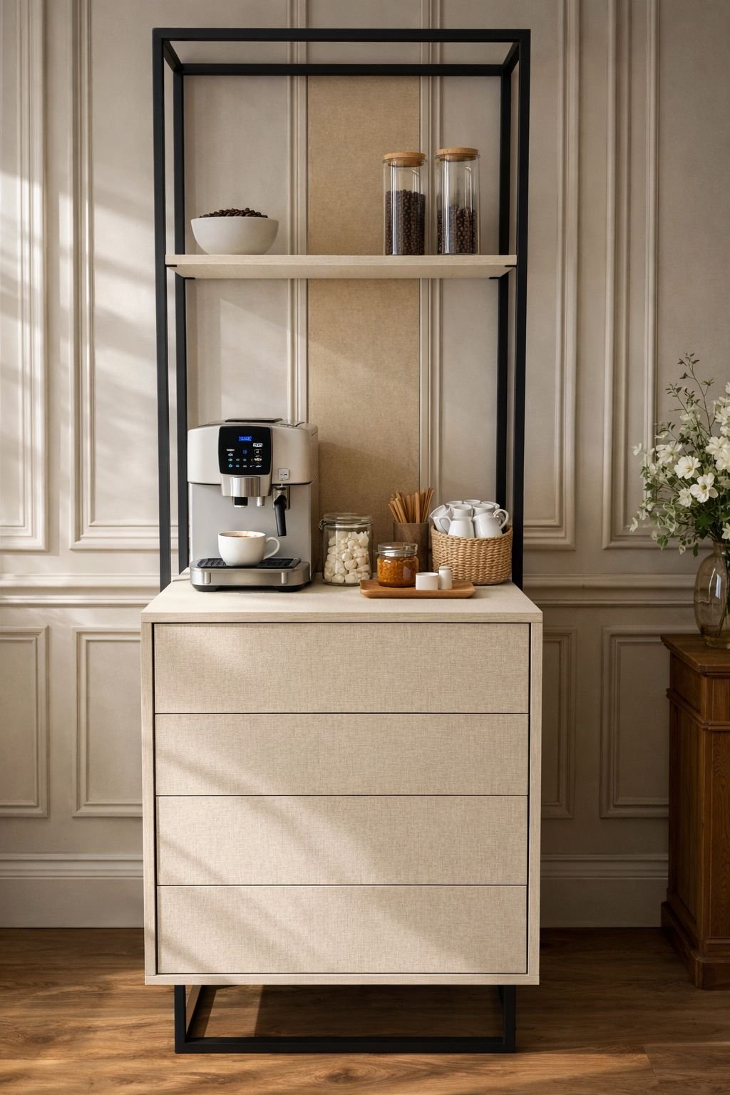 كوفي بار مودرن بإطار معدني - لون بيج كريمي مع رفين